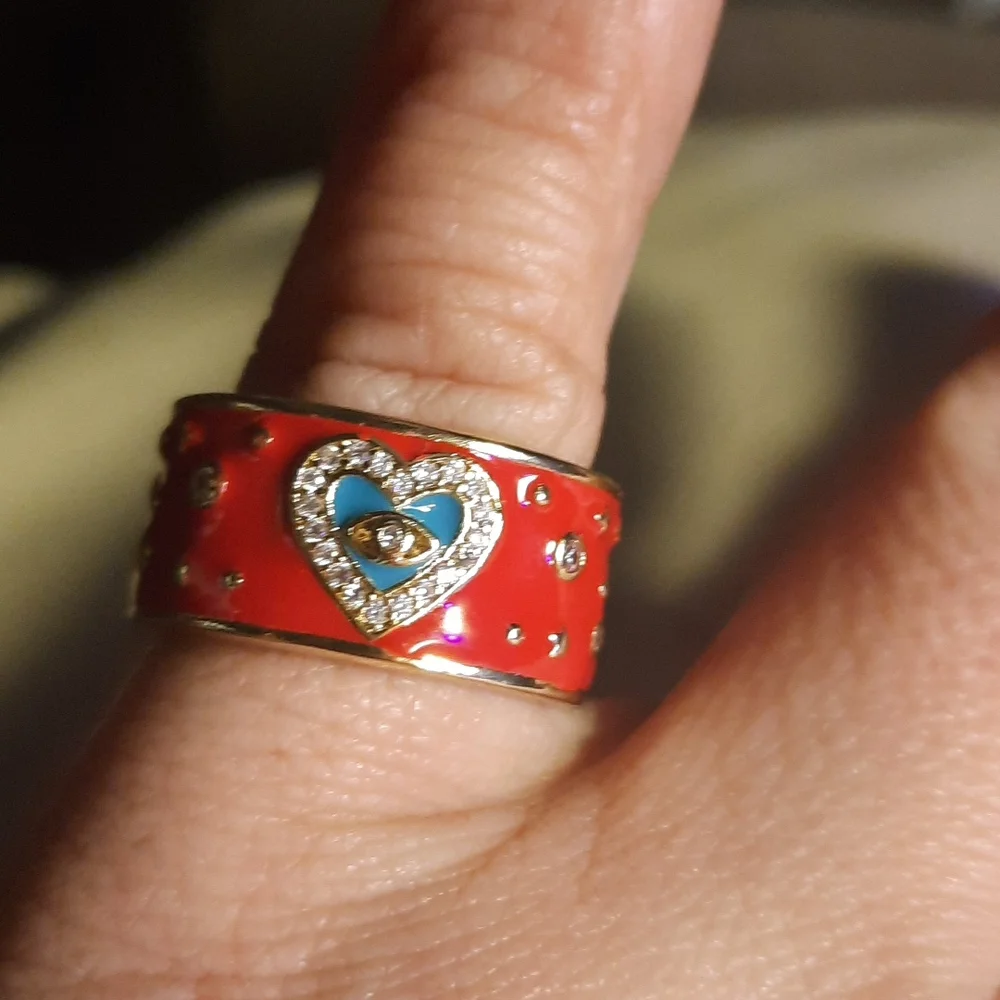 - Red and blue Enamel Gold Tone heavy adjustable ring - Picture 2 of 5